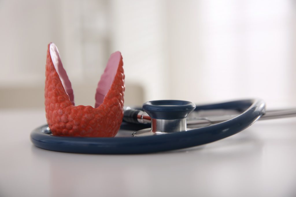 Close-up of a blue stethoscope with a red, bumpy fruit in the foreground on a white surface (dragon fruit).