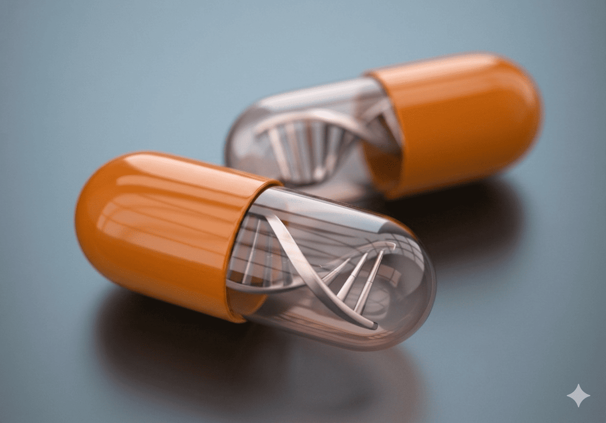 Two orange translucent capsules on a blue surface, one opened to reveal a DNA double helix inside.